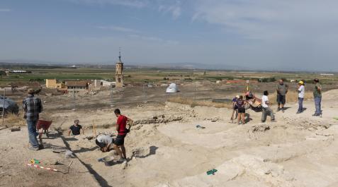 Varios de los participantes en la excavación trabajan en la zona que se ha elegido este año. Al fondo se ve la torre de la iglesia de Valtierra Varios de los participantes en la excavación trabajan en la zona que se ha elegido este año. Al fondo se ve la torre de la iglesia de Valtierra