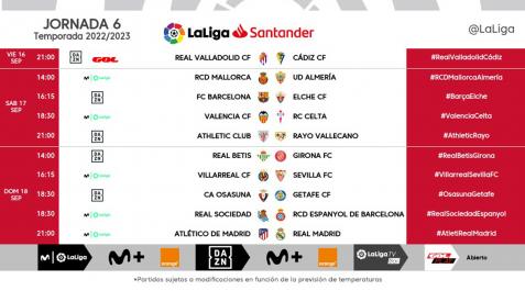 Horarios de la sexta jornada de LaLiga Santander Sexta jornada