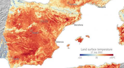 La imagen muestra las temperaturas que se alcanzaron en la superficie del suelo en el norte de África, España y sur de Francia el pasado 17 de julio La imagen muestra las temperaturas que se alcanzaron en la superficie del suelo en el norte de África, España y sur de Francia el pasado 17 de julio