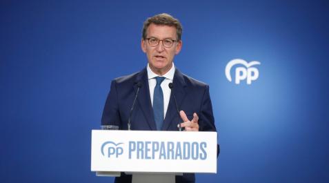 feijoo El presidente del PP, Alberto Núñez Feijóo, durante la rueda de prensa ofrecida este lunes en la sede del partido