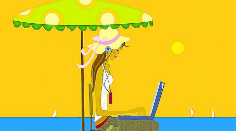 mujer trabajando en sus vacaciones Ilustración de una mujer trabajando en sus vacaciones