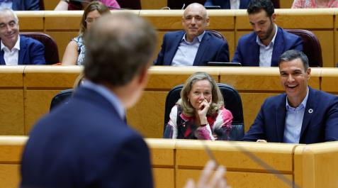 Pedro Sánchez sonríe durante una de las intervenciones de Alberto Núñez Feijóo Senado
