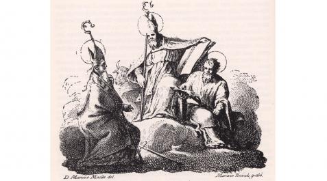 Grabado de San Saturnino, San Saturnino y San Fermín, obra de Mariano Brandi para el libro 'San Fermín Patrono' San Honesto
