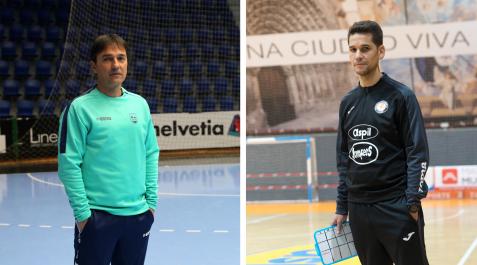 Imanol Arregui, entrenador de Osasuna Magna, posa en la pista del pabellón Anaitasuna de Pamplona y El entrenador del Aspil-Jumpers Ribera Navarra Fútbol Sala, Diego Ríos, sobre la pista del pabellón Ciudad de Tudela Imanol Arregui, entrenador de Osasuna Magna, posa en la pista del pabellón Anaitasuna de Pamplona y El entrenador del Aspil-Jumpers Ribera Navarra Fútbol Sala, Diego Ríos, sobre la pista del pabellón Ciudad de Tudela