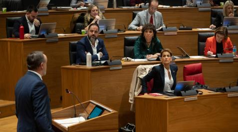 esparza-chivite-parlamento-debate-comunidad El líder de Navarra Suma, Javier Esparza, durante su intervención en el Parlamento de Navarra ante la presidenta María Chivite, en la segunda jornada del debate sobre el estado de la comunidad