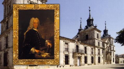 Cuadro de Juan de Goyeneche, retratado por el pintor Miguel Jacinto Menéndez sobre una fotografía del Palacio de Goyeneche de Nuevo Baztan, que incluye la iglesia de San Francisco Javier Cuadro de Juan de Goyeneche, retratado por el pintor Miguel Jacinto Menéndez sobre una fotografía del Palacio de Goyeneche de Nuevo Baztan, que incluye la iglesia de San Francisco Javier