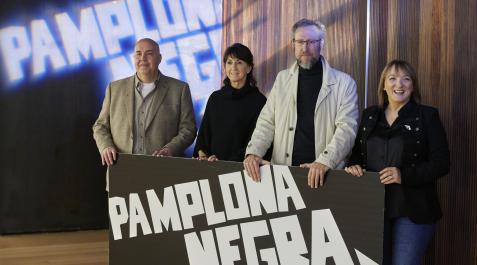 Presentación de Pamplona Negra 2023. Óscar Orzaiz, Clara Flamarique, Alberto Cañada y Susana Rodríguez Lezáun, en la presentación de Pamplona Negra 2023,