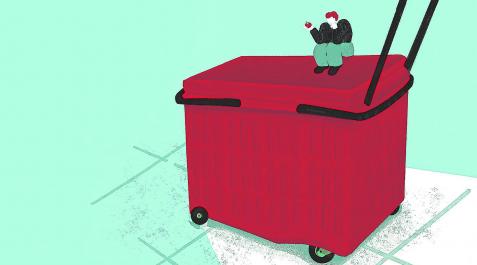 Ilustración de un carro de la compra con una persona encima Ilustración de un carro de la compra con una persona encima