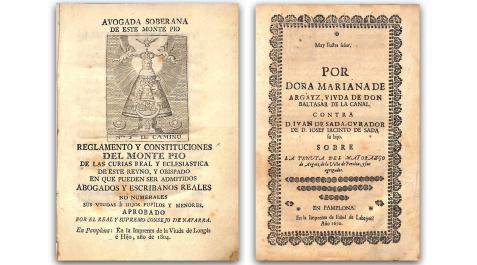 En la izquierda, reglamento y constituciones de un montepío publicado en 1804 “en la imprenta de la Viuda Francisca Ardanaz de José Longás e Hijo Paulino Longás”. En la derecha, Impreso judicial de 1670 en el que excepcionalmente figura el nombre y apelli En la izquierda, reglamento y constituciones de un montepío publicado en 1804 “en la imprenta de la Viuda Francisca Ardanaz de José Longás e Hijo Paulino Longás”. En la derecha, Impreso judicial de 1670 en el que excepcionalmente figura el nombre y apellido de una mujer, Isabel de Labayen, como titular de imprentplona