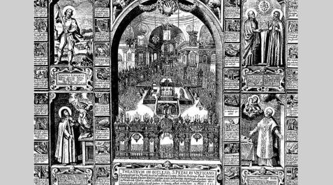 Un grabado que muestra el interior de la basílica de San Pedro con motivo de la canonización de los cinco santos Un grabado que muestra el interior de la basílica de San Pedro con motivo de la canonización de los cinco santos