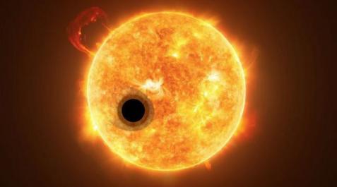 Representación artística de un exoplaneta en tránsito con una cola de helio en fuga Representación artística de un exoplaneta en tránsito con una cola de helio en fuga
