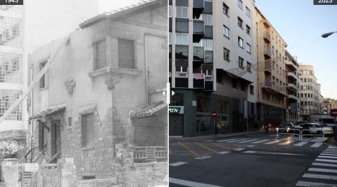 El chalet del doctor Cifrián, a la izquierda, y el edificio de viviendas que hace esquina con la calle Navarro Villoslada en la actualidad, a la derecha