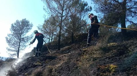 s Los bomberos trabajan en el incendio de Sesma del domingo