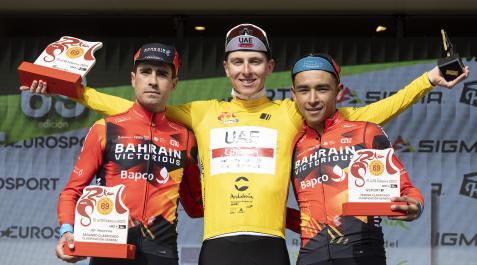 Tadej Pogacar, Mikel Landa y Santiago Buitrago Los ciclistas Tadej Pogacar (c), Mikel Landa (i) y Santiago Buitrago (d), posan como vencedor, segundo y tercer clasificado respectivamente de la 69 de la Vuelta a Andalucía Ruta Ciclista del Sol