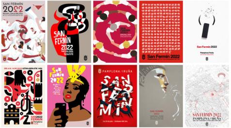 Carteles finalistas en el concurso de San Fermín 2022. El primero por la izquierda en la fila superior fue el ganador