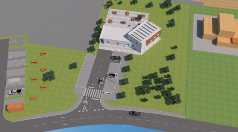 Proyecto en Fustiñana Imagen virtual de la futura zona turística con el albergue y el centro de Bardenas (dcha.).