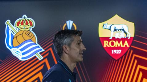 El técnico de la Real Sociedad, Imanol Alguacil, antes de dar la rueda de prensa previa al encuentro de vuelta de Europa League contra la Roma.