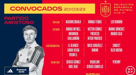 Sub21 Convocatoria de Santi Denia para dos amistosos de España sub-21 con los rojillos Aimar Oroz y Manu Sánchez incluidos.