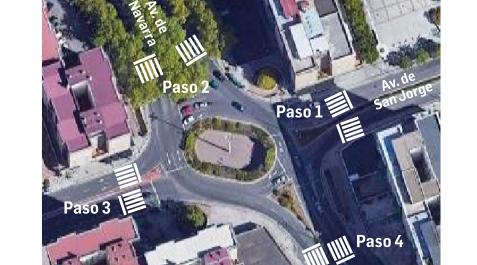 San Jorge Plano con la ubicación de los pasos de peatones en la rotonda de San Jorge.