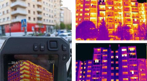 Termografía en los edificios En la imagen de la izquierda se aprecia cómo se realizan las inspecciones termográficas. Las dos fotografías de la derecha corresponden a una zona de Pamplona en la que han realizado varios proyectos de envolventes. La imagen superior, un edificio sin rehabilitar. En la inferior, un edificio contigo que ya ha sido rehabilitado con una nueva fachada con aislamiento térmico.