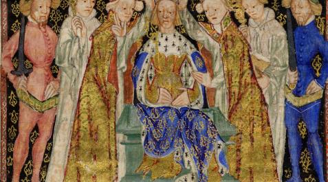 Coronación La 'autocoronación', una singularidad de la monarquía navarra. Imagen del códice de coronación de los Reyes de Inglaterra, que muestra al monarca siendo coronado por dos obispos. En Navarra, era el propio rey el que se autocoronaba.