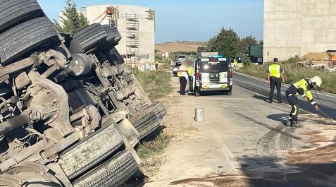 GCivil Agentes de la Guardia Civil regulan el tráfico mientras efectivos de Bomberos de Navarra realizan labores de limpieza en la carretera