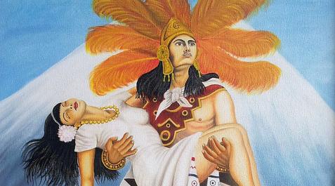 Réplica de 'Grandeza azteca', del pintor Jesús de la Helguera, en la que representa la leyenda de Popocateptl e Iztaccíhuatl Grandeza azteca