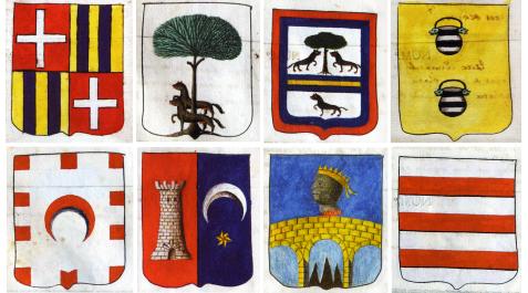 Escudos Montaje Escudos de la calle pamplonesa de San Antón. De izda. a dcha., arriba, Aldaz, Antoñana, Bayona y Echálaz. En la fila inferior, Echauri, Eguiarreta, Gayarre y Huici