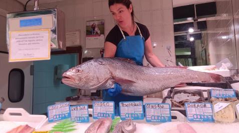 corvina2 Espe Arizkuren, de pescadería La Kontxa, con la corvina de 20 kilos