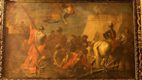 La caída del santo en la defensa del castillo de Pamplona en un lienzo enviado desde Roma a la basílica pamplonesa en 1729