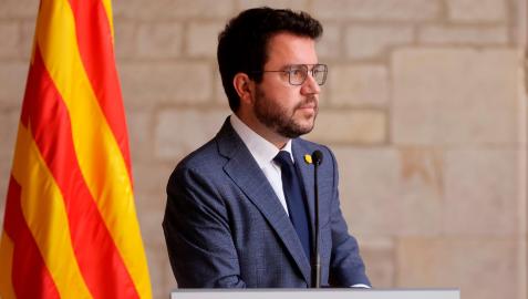 El presidente de la Generalitat, Pere Aragonès, en la comparecencia en la que ha anunciado que la delegación del Govern en la mesa de diálogo estará encabezada por él y contará con dos consellers de ERC, Laura Vilagrà y Roger Torrent