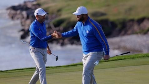 Sergio García y Jon Rahm en la primera jornada de la Ryder Cup