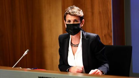 La presidenta del Gobierno de Navarra, María Chivite, en la rueda de prensa de este martes