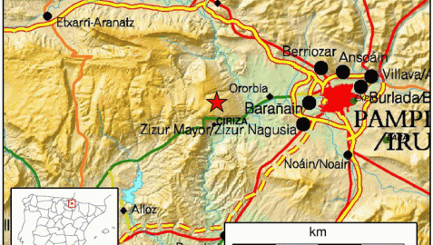 Gráfico de localización del epicentro del terremoto de 3.7 grados sentido en Pamplona
