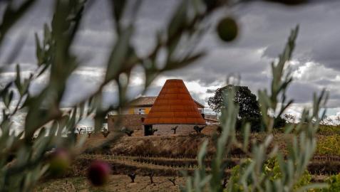 El trujal con el edificio de la bodega por detrás.