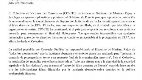 Víctimas del terrorismo critican el monolito que recuerda el desarme en Bayona