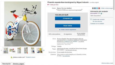 Pantallazo de ebay en el que se muestra la venta de la Espada de Induráin por 150.000 euros.