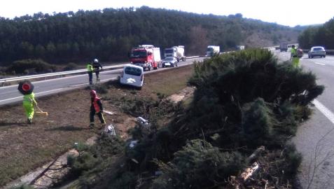 Bomberos y personal de mantenimiento de la AP-15, en el lugar del accidente.