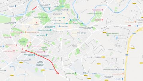 Mapa con los puntos señalados de las alteraciones del tráfico en Pamplona y la Comarca este jueves, 21 de febrero.