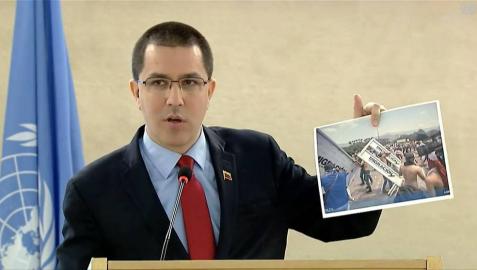 Captura del vídeo institucional de la ONU, del ministro de Relaciones Exteriores de Venezuela, Jorge Arreaza, durante su intervención en el Consejo de Derechos Humanos de la ONU, en la que una veintena de gobiernos boicotiearon su discurso y abandonaron la sala apenas éste ingreso en ella.