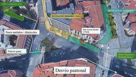 Mapa facilitado por la Policía Municipal de Pamplona sobre las alteraciones de tráfico por la segunda fase del derribo de los cines Carlos III.