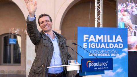 Pablo Casado, durante la convención de familia e igualdad del Partido Popular hoy en el Campus de la Muralla del Mar de Cartagena.