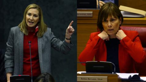Ana Beltrán y Uxue Barkos, durante su enfrentamiento este jueves en el Parlamento foral.