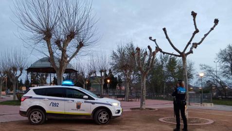 Una agente y un coche de la Policía Local de Tudela.