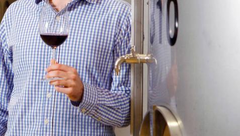 Una persona, con una copa de vino de Rioja.