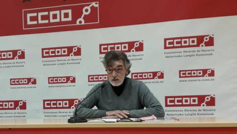 Chechu Rodríguez, secretario general de CC OO de Navarra, en una rueda de prensa anterior.