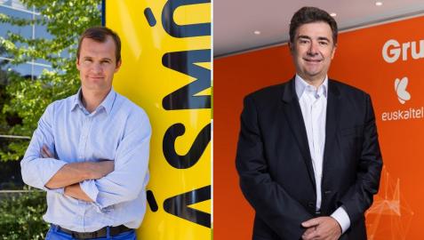 El consejero delegado de Más Móvil, Meinrad Spenger (i), y el consejero delegado de Euskaltel, José Miguel García.