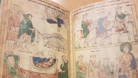 Segunda Biblia de Pamplona (Ausburgo, Biblioteca Universitaria, Cod.I.2.4º 15), h.1200. Nacimiento de Cristo y Anuncio a los pastores. Viaje de los Reyes Magos. Epifanía