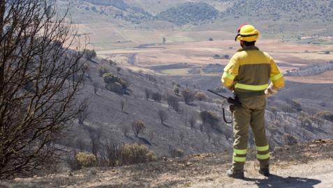 Un miembro de los Servicios de Emergencia trabaja este lunes en las labores de extinción del incendio forestal en el Monte Yerga