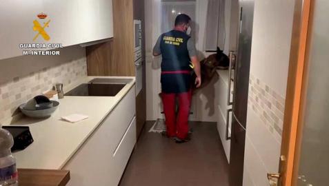 Un agente de la Guardia Civil en el interior de una de las viviendas intervenidas